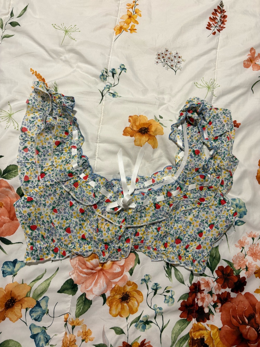 For Love And Lemons Ruffle Crop Top with White Ribbon